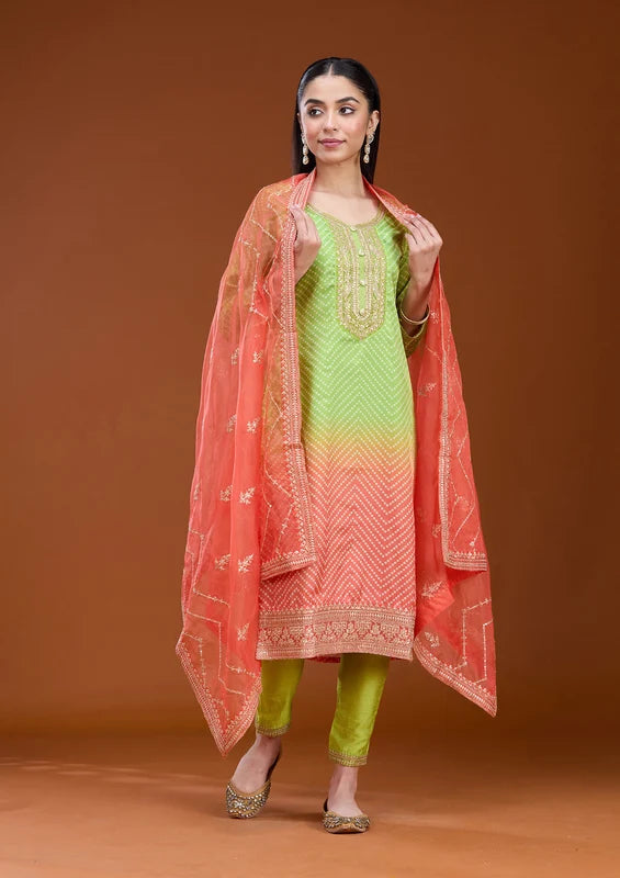 Parrot Green Orange Crepe Bandhej Gold Zariwork Straight Kurta With Pant Regular And Dupatta