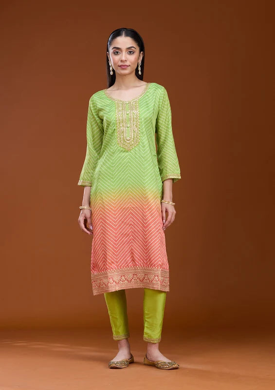 Parrot Green Orange Crepe Bandhej Gold Zariwork Straight Kurta With Pant Regular And Dupatta