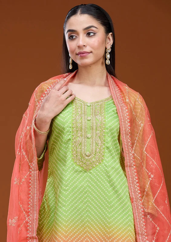 Parrot Green Orange Crepe Bandhej Gold Zariwork Straight Kurta With Pant Regular And Dupatta