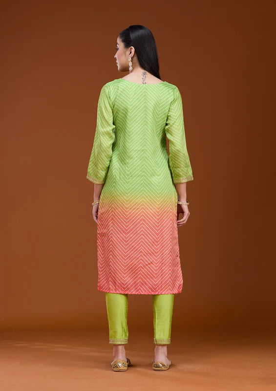 Parrot Green Orange Crepe Bandhej Gold Zariwork Straight Kurta With Pant Regular And Dupatta
