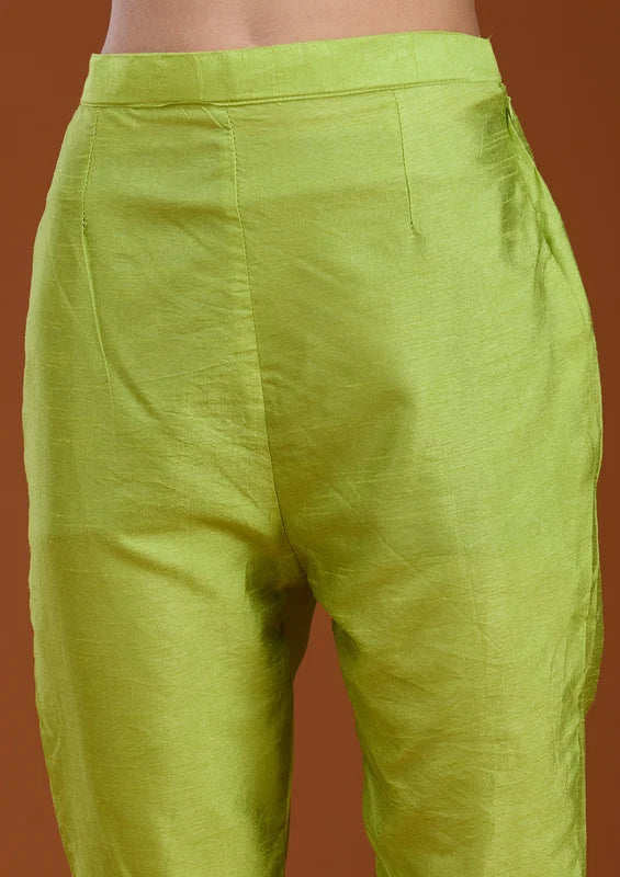 Parrot Green Orange Crepe Bandhej Gold Zariwork Straight Kurta With Pant Regular And Dupatta
