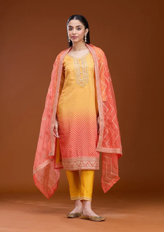 Yellow Orange Crepe Bandhej Gold Zariwork Straight Kurta With Pant Regular And Dupatta