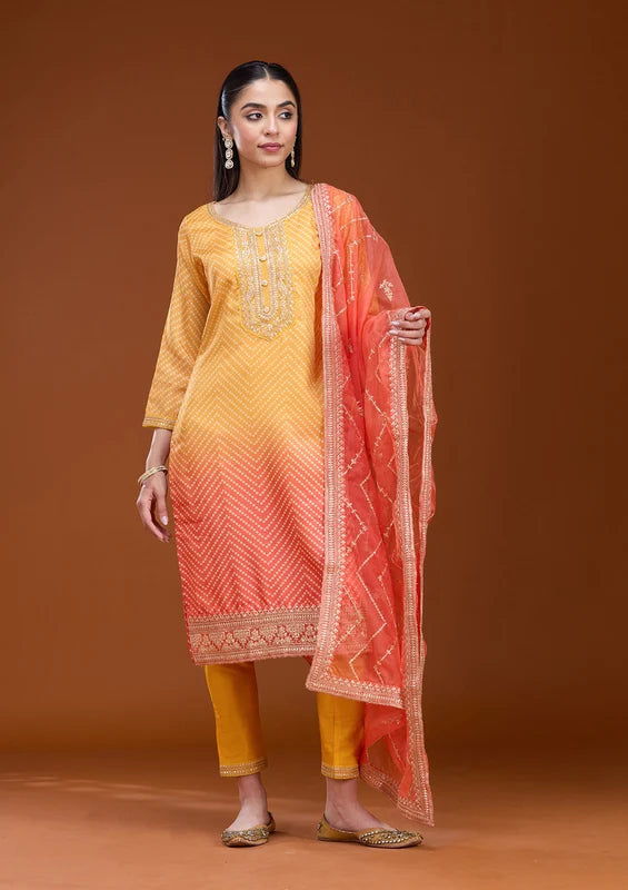 Yellow Orange Crepe Bandhej Gold Zariwork Straight Kurta With Pant Regular And Dupatta