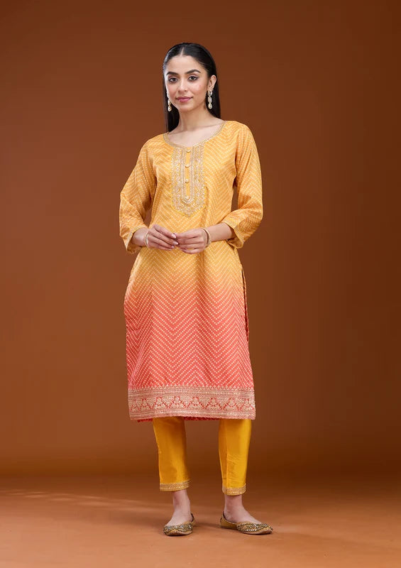 Yellow Orange Crepe Bandhej Gold Zariwork Straight Kurta With Pant Regular And Dupatta