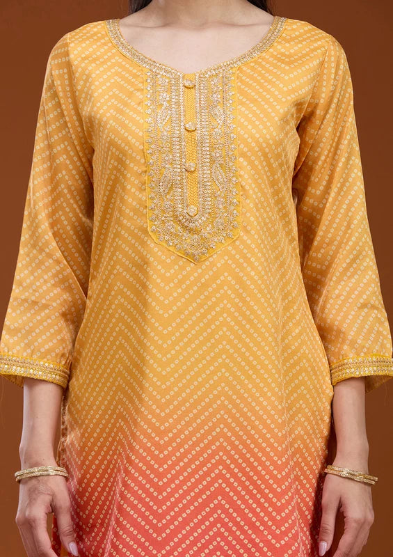 Yellow Orange Crepe Bandhej Gold Zariwork Straight Kurta With Pant Regular And Dupatta