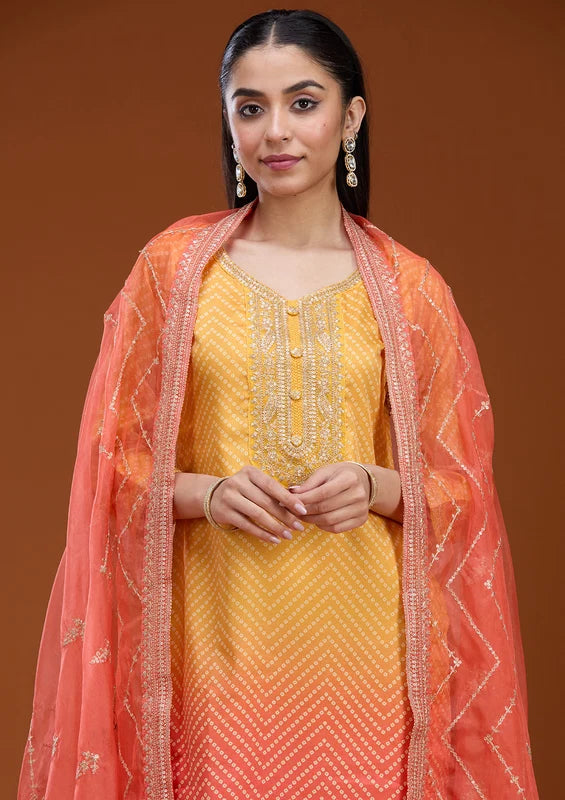 Yellow Orange Crepe Bandhej Gold Zariwork Straight Kurta With Pant Regular And Dupatta