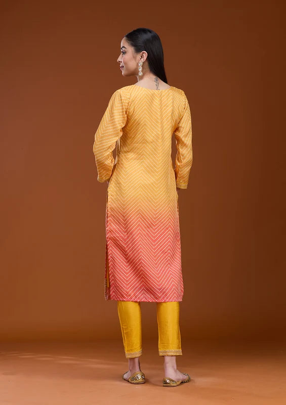 Yellow Orange Crepe Bandhej Gold Zariwork Straight Kurta With Pant Regular And Dupatta