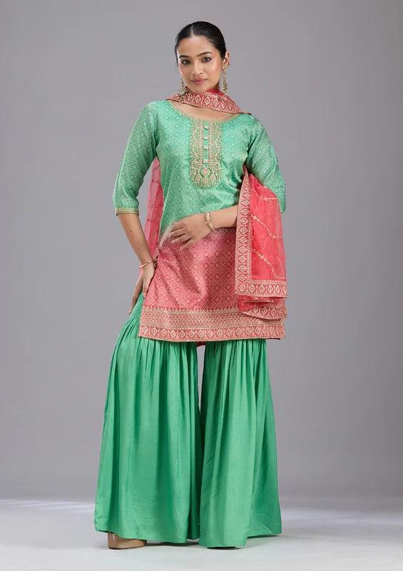 Parrot Green Pink Soft Raw Silk Bandhej Gold Zariwork Straight Kurta With Sharara And Dupatta