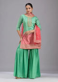 Parrot Green Pink Soft Raw Silk Bandhej Gold Zariwork Straight Kurta With Sharara And Dupatta