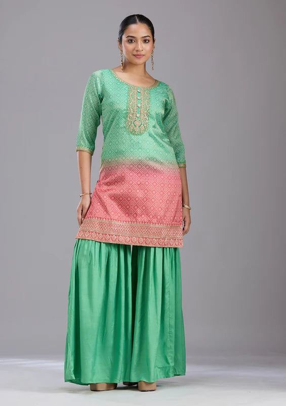 Parrot Green Pink Soft Raw Silk Bandhej Gold Zariwork Straight Kurta With Sharara And Dupatta