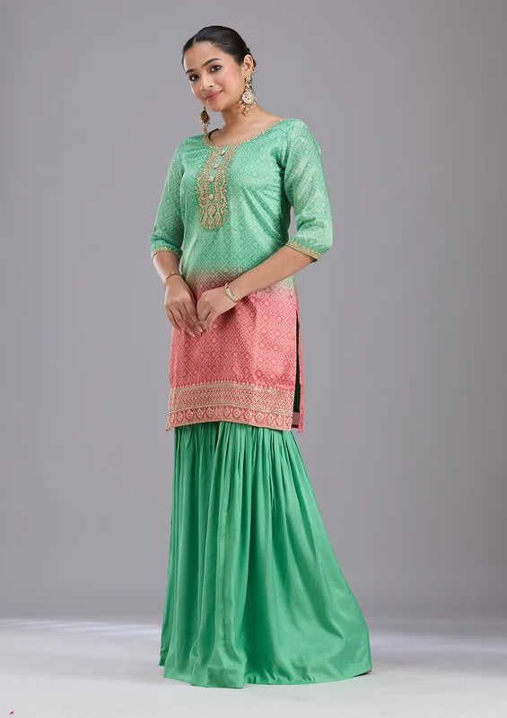 Parrot Green Pink Soft Raw Silk Bandhej Gold Zariwork Straight Kurta With Sharara And Dupatta