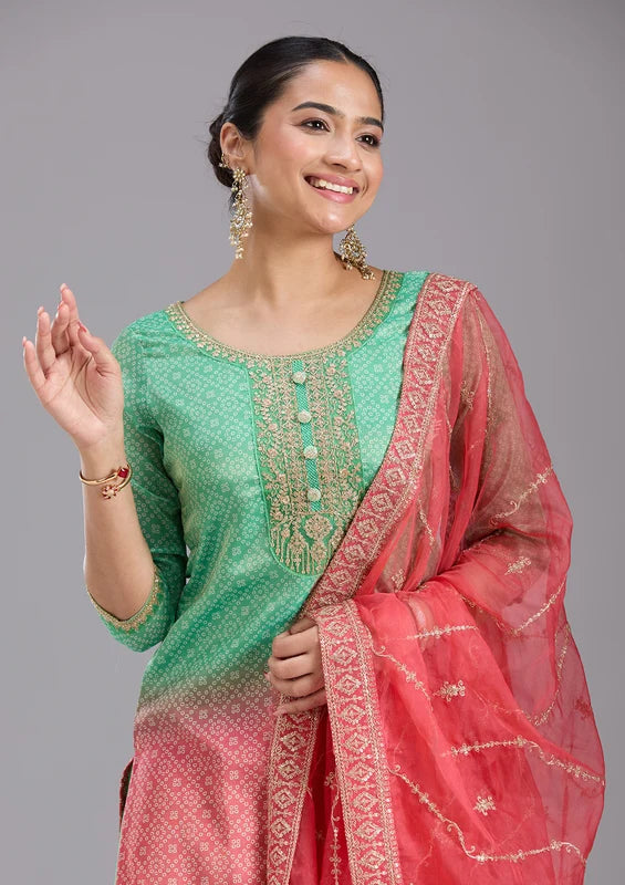 Parrot Green Pink Soft Raw Silk Bandhej Gold Zariwork Straight Kurta With Sharara And Dupatta