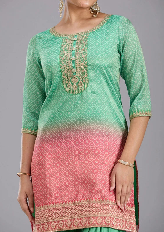 Parrot Green Pink Soft Raw Silk Bandhej Gold Zariwork Straight Kurta With Sharara And Dupatta
