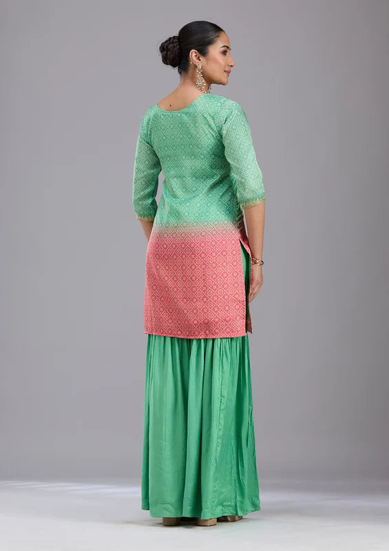 Parrot Green Pink Soft Raw Silk Bandhej Gold Zariwork Straight Kurta With Sharara And Dupatta