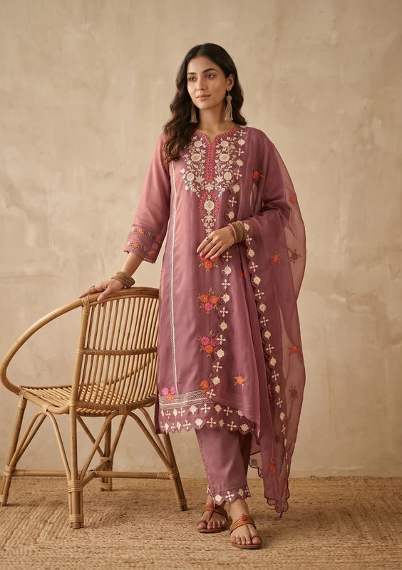 Mauve Threadwork Organza Readymade Salwar Suit