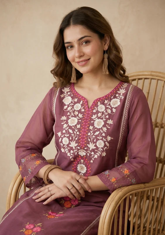 Mauve Threadwork Organza Readymade Salwar Suit