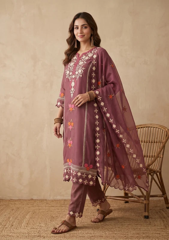 Mauve Threadwork Organza Readymade Salwar Suit