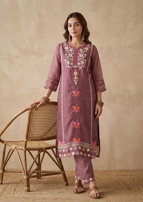Mauve Threadwork Organza Readymade Salwar Suit