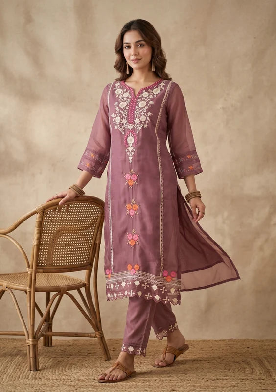 Mauve Threadwork Organza Readymade Salwar Suit