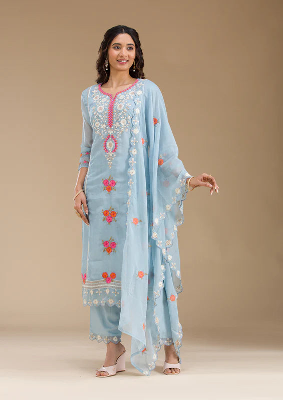 Sky Blue Organza Threadwork Straight Kurta With Regular Pant And Dupatta