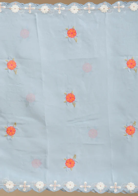 Sky Blue Organza Threadwork Straight Kurta With Regular Pant And Dupatta