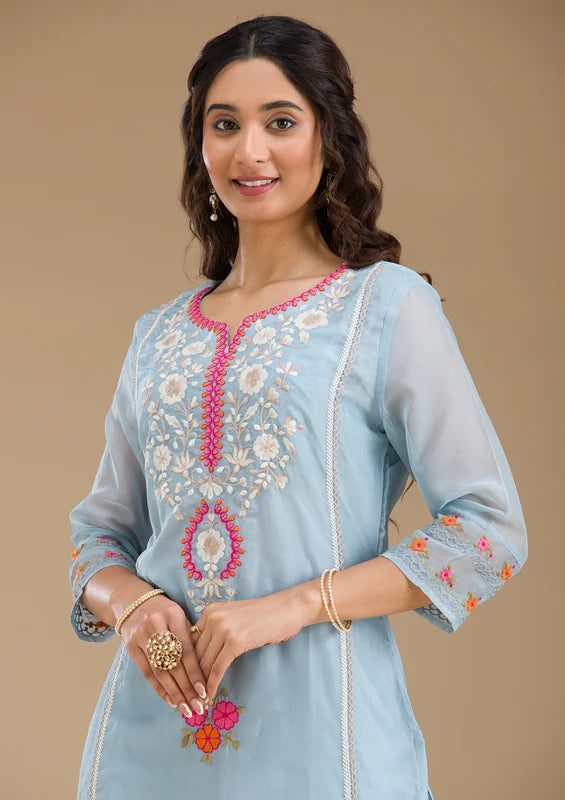 Sky Blue Organza Threadwork Straight Kurta With Regular Pant And Dupatta