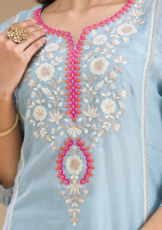 Sky Blue Organza Threadwork Straight Kurta With Regular Pant And Dupatta