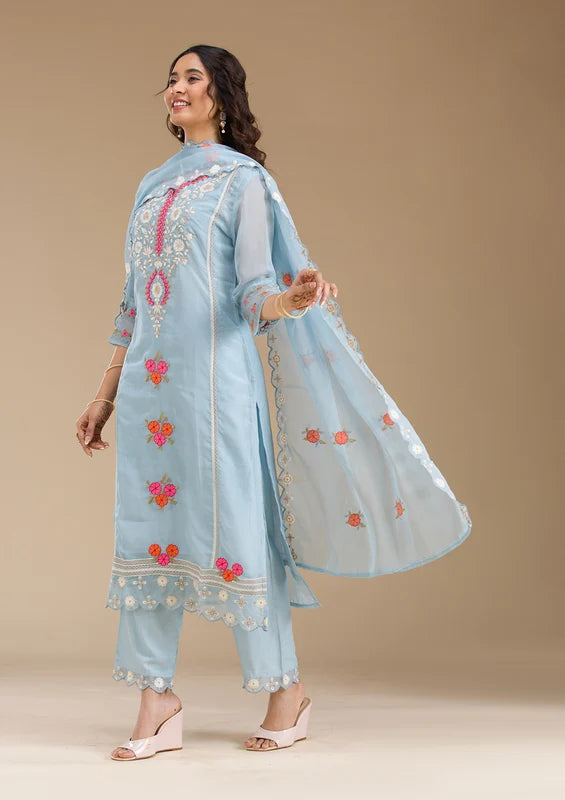 Sky Blue Organza Threadwork Straight Kurta With Regular Pant And Dupatta