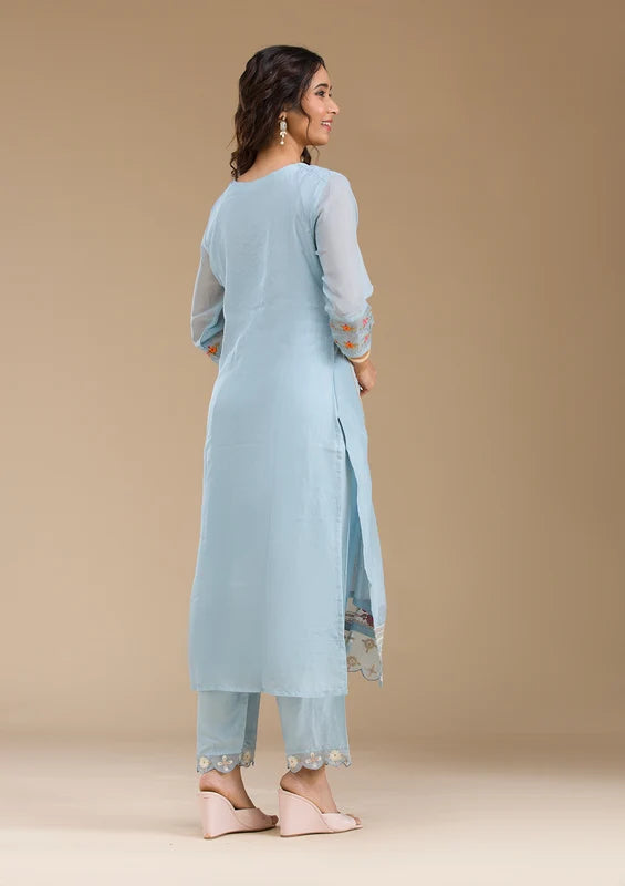 Sky Blue Organza Threadwork Straight Kurta With Regular Pant And Dupatta