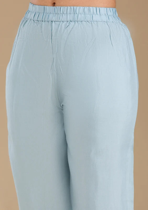 Sky Blue Organza Threadwork Straight Kurta With Regular Pant And Dupatta