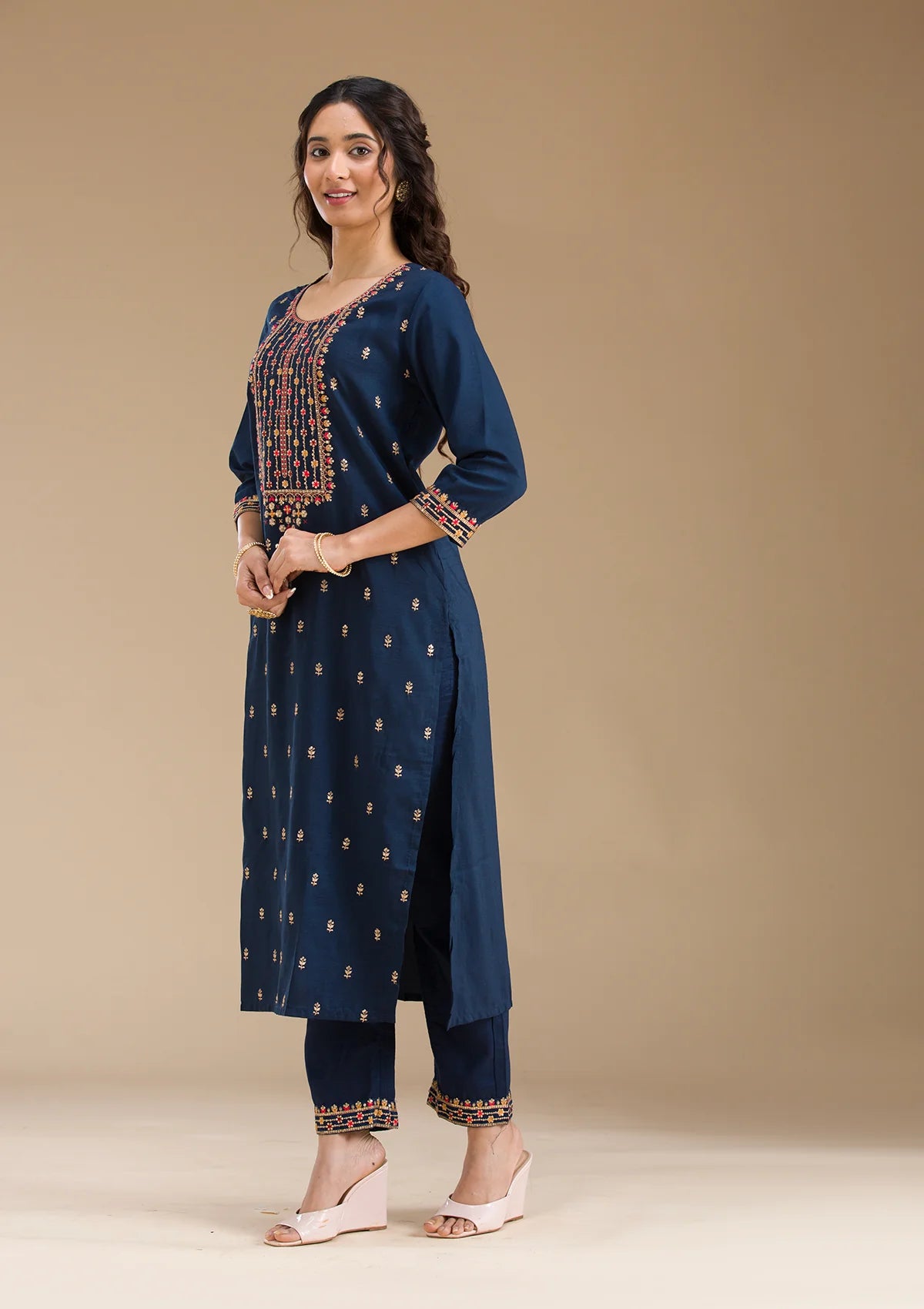 Navy Blue Organza Threadwork Straight Kurta With Pant Regular And Dupatta
