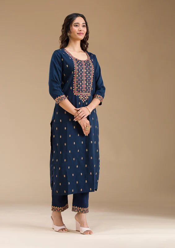 Navy Blue Organza Threadwork Straight Kurta With Pant Regular And Dupatta