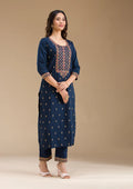Navy Blue Organza Threadwork Straight Kurta With Pant Regular And Dupatta