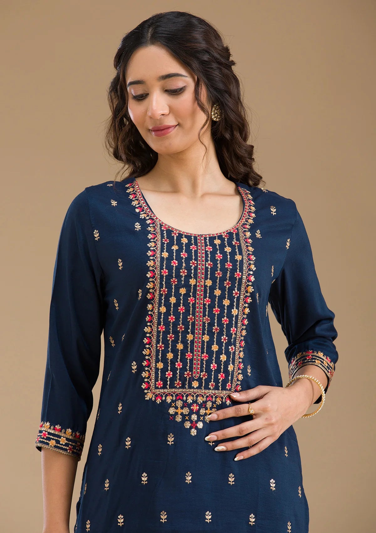 Navy Blue Organza Threadwork Straight Kurta With Pant Regular And Dupatta