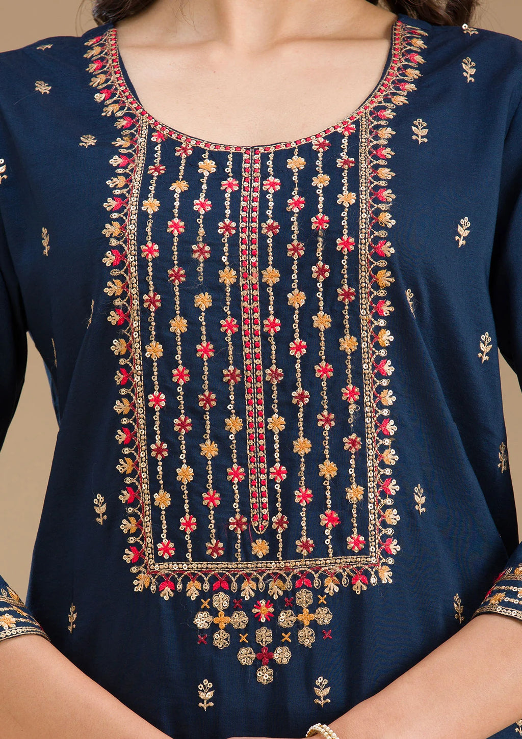Navy Blue Organza Threadwork Straight Kurta With Pant Regular And Dupatta