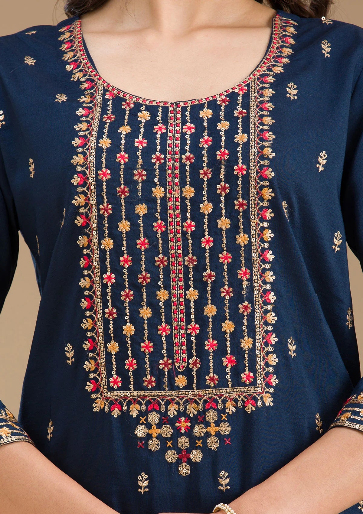 Navy Blue Organza Threadwork Straight Kurta With Pant Regular And Dupatta