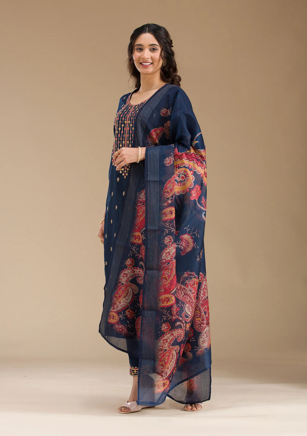 Navy Blue Organza Threadwork Straight Kurta With Pant Regular And Dupatta