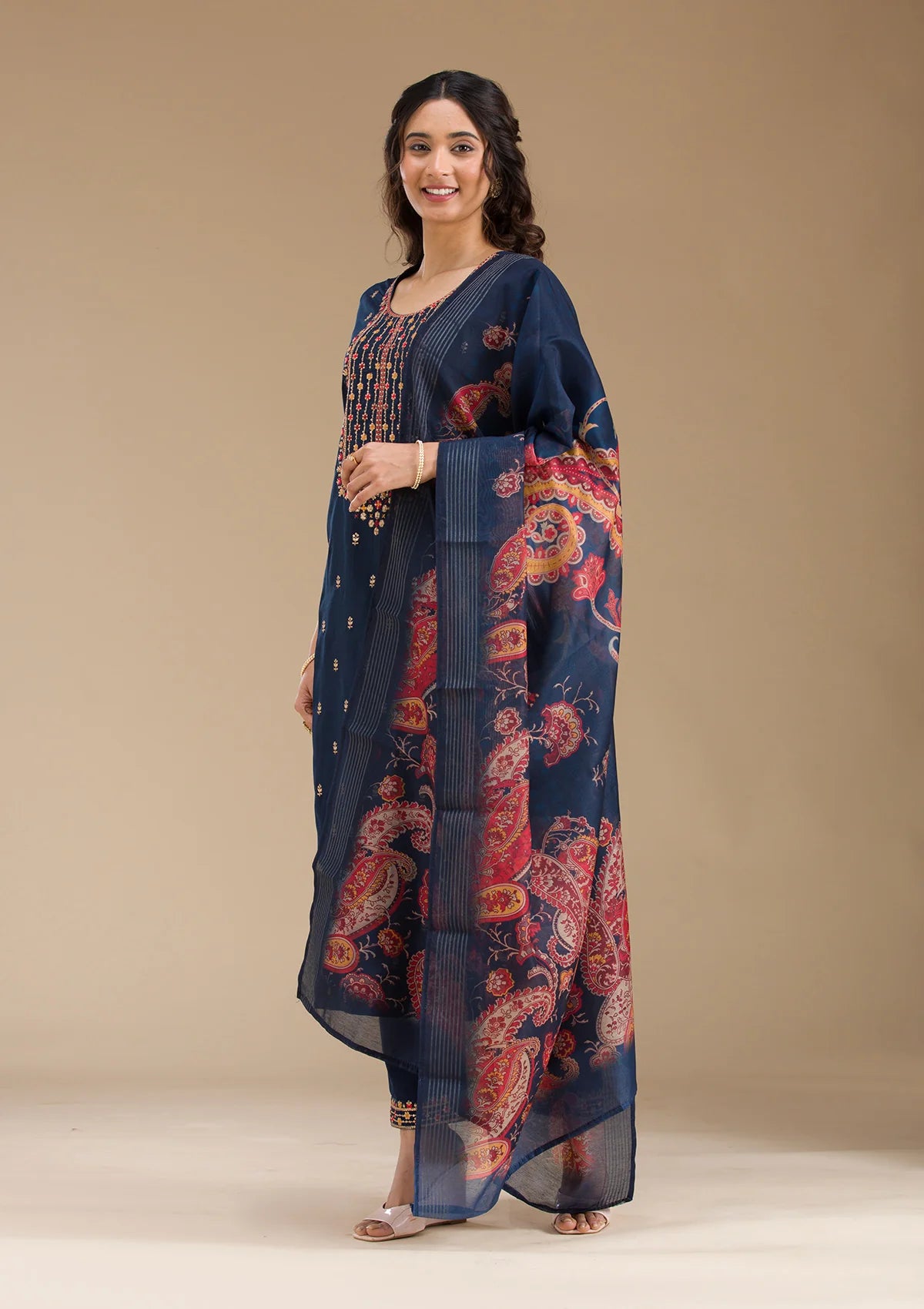 Navy Blue Organza Threadwork Straight Kurta With Pant Regular And Dupatta