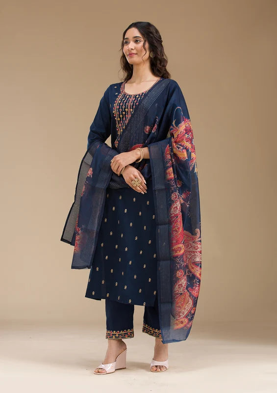 Navy Blue Organza Threadwork Straight Kurta With Pant Regular And Dupatta