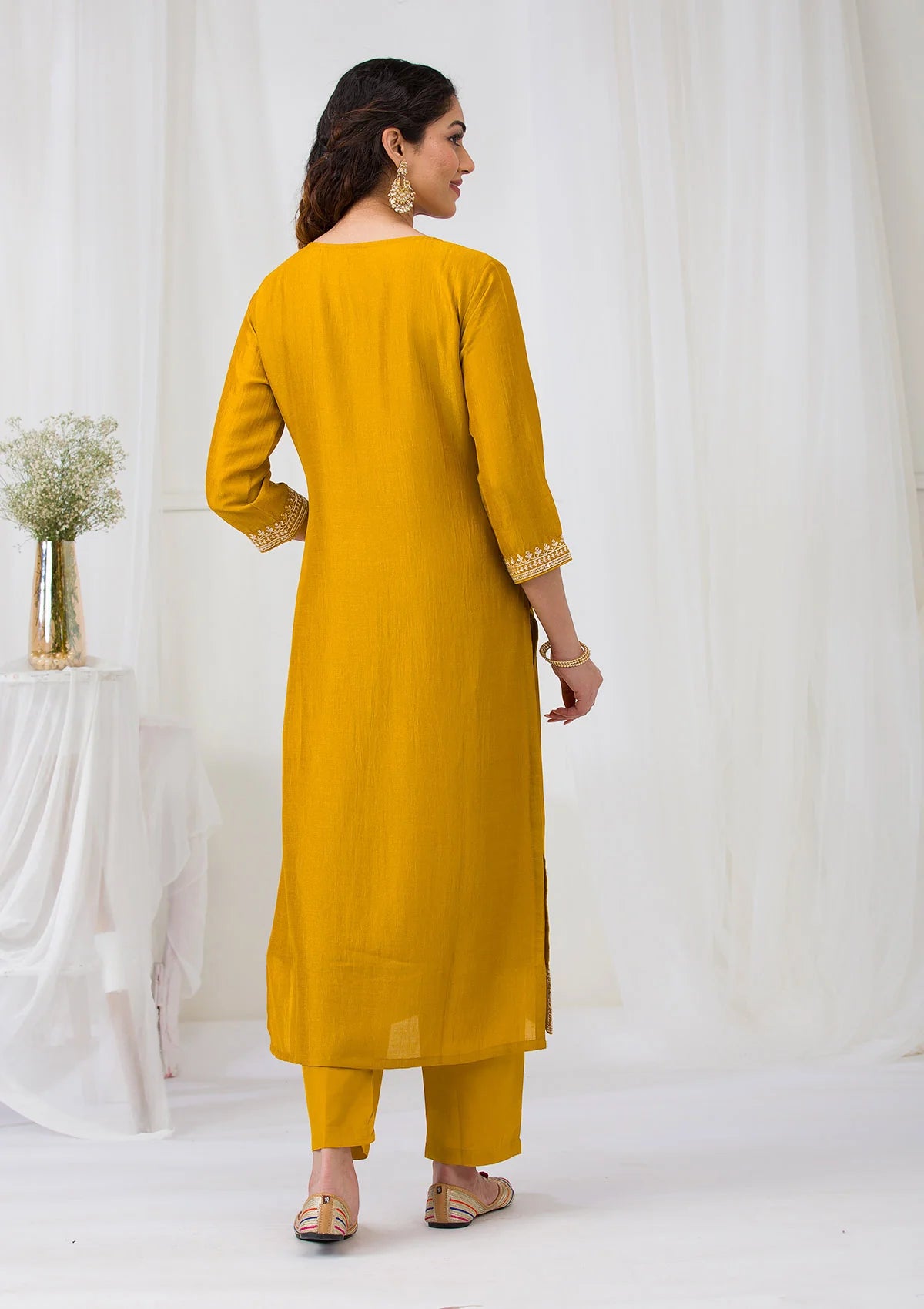 Mustard Soft Raw Silk Gold Zariwork Straight Kurta With Pant Regular And Dupatta