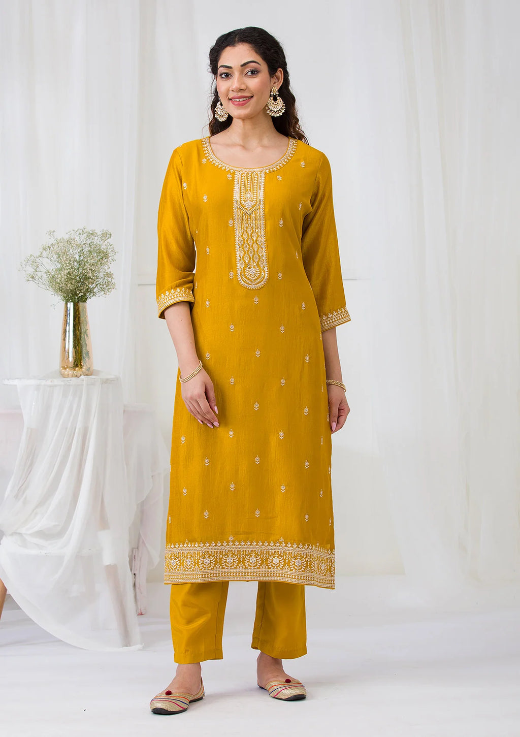 Mustard Soft Raw Silk Gold Zariwork Straight Kurta With Pant Regular And Dupatta