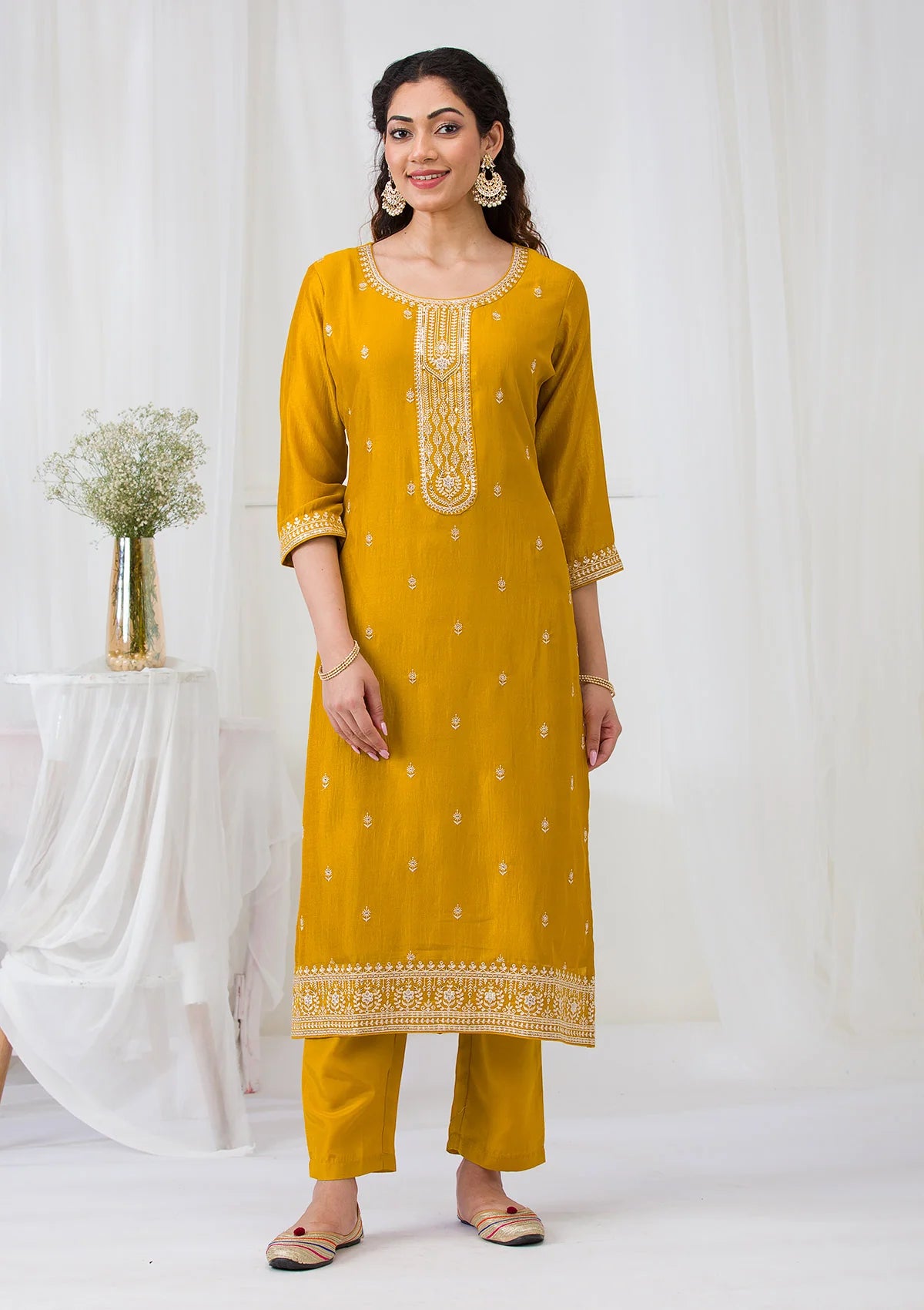 Mustard Soft Raw Silk Gold Zariwork Straight Kurta With Pant Regular And Dupatta