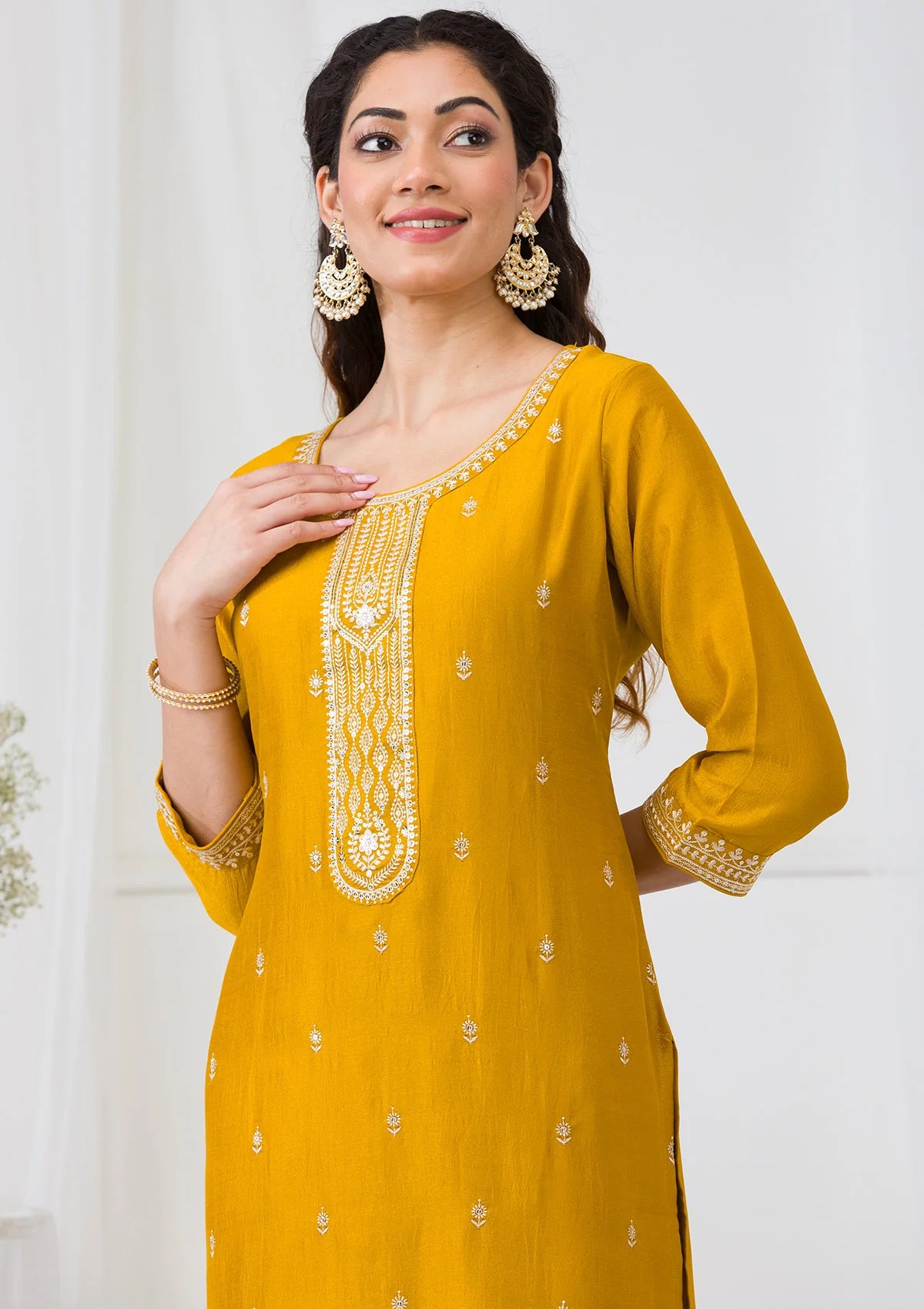 Mustard Soft Raw Silk Gold Zariwork Straight Kurta With Pant Regular And Dupatta