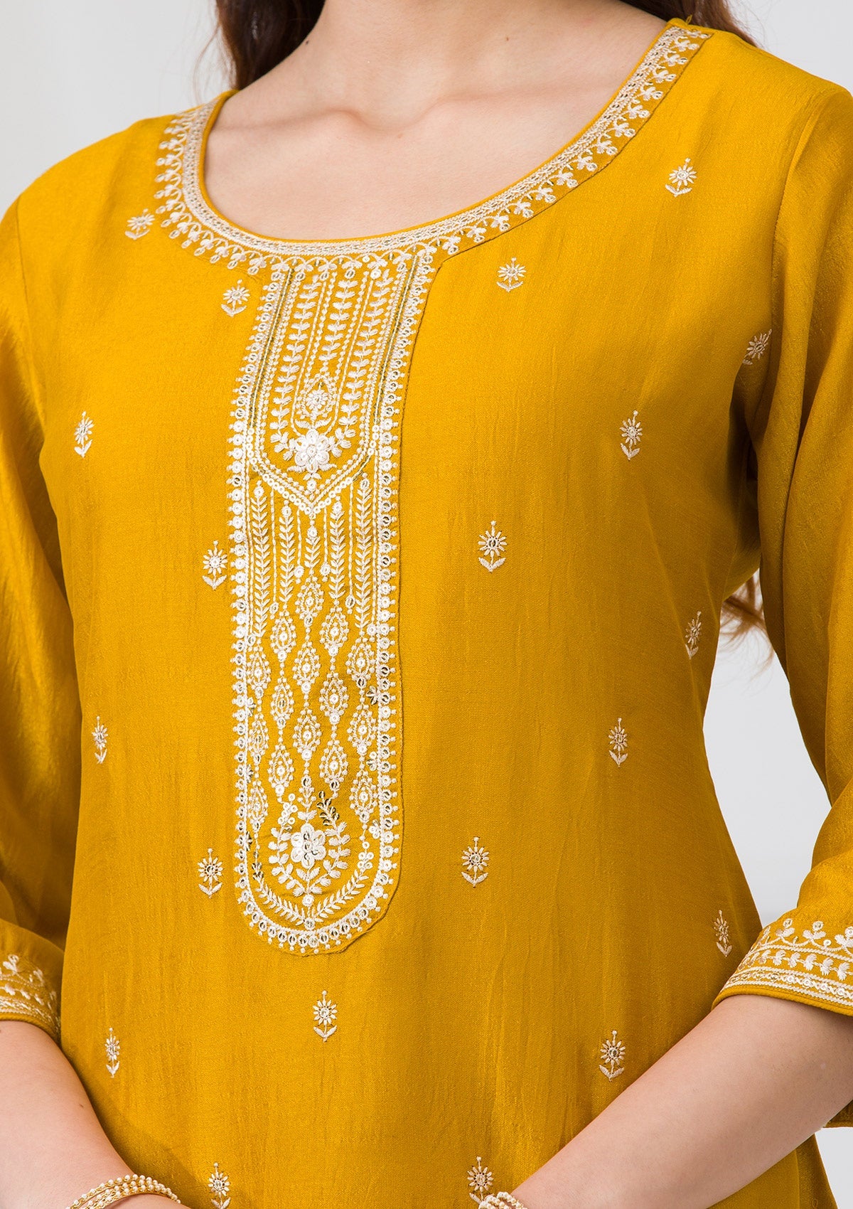 Mustard Soft Raw Silk Gold Zariwork Straight Kurta With Pant Regular And Dupatta