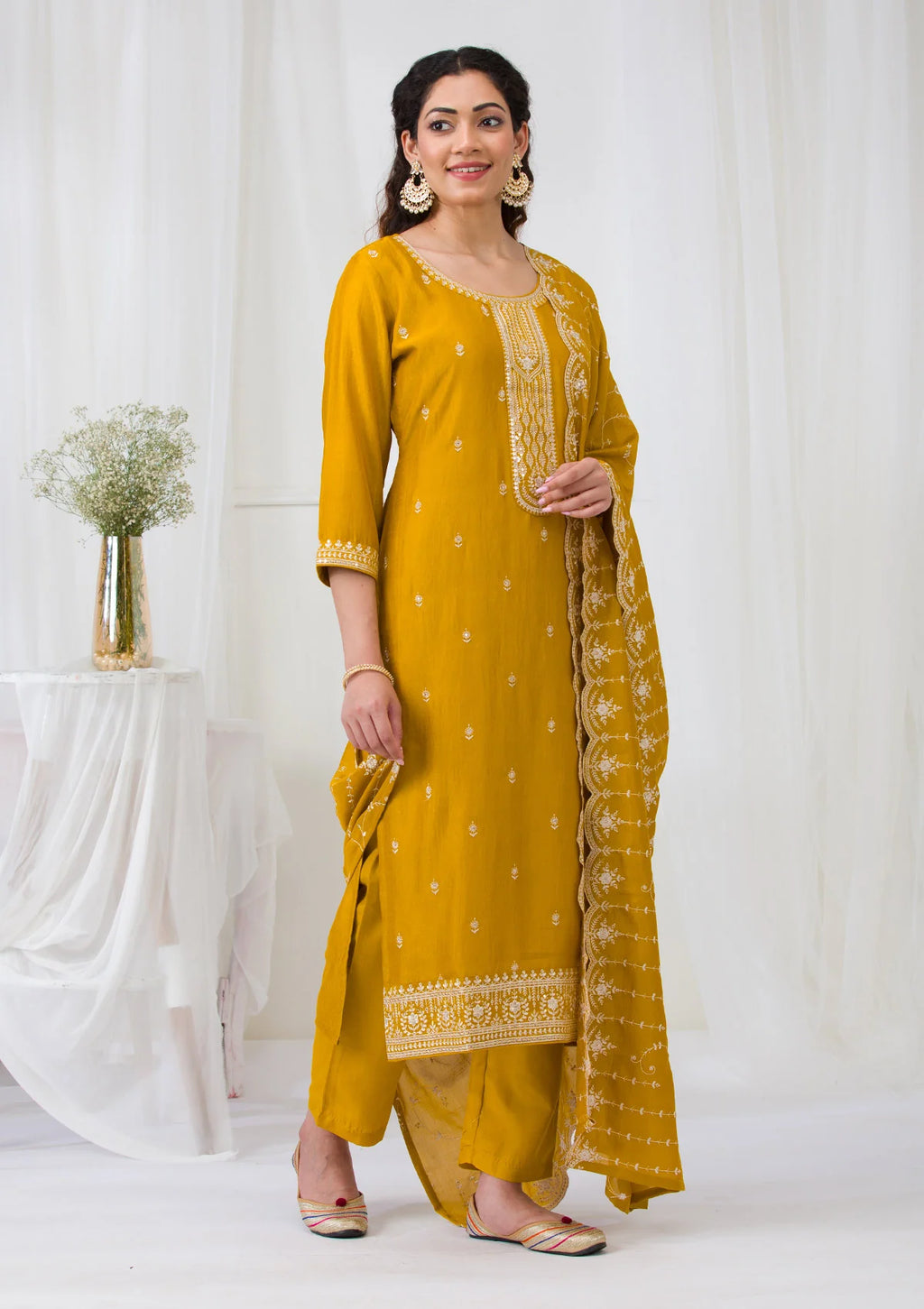 Mustard Soft Raw Silk Gold Zariwork Straight Kurta With Pant Regular And Dupatta