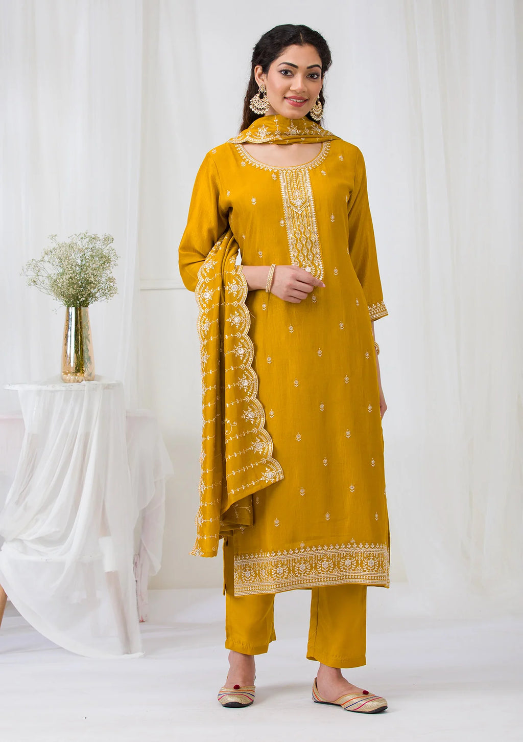 Mustard Soft Raw Silk Gold Zariwork Straight Kurta With Pant Regular And Dupatta