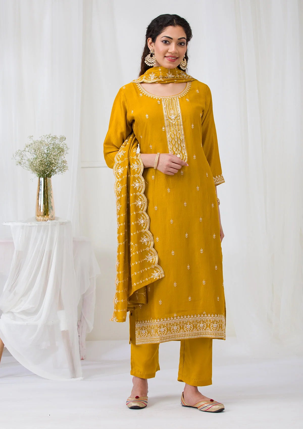 Mustard Soft Raw Silk Gold Zariwork Straight Kurta With Pant Regular And Dupatta