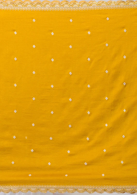 Mustard Soft Raw Silk Threadwork Straight Kurta With Pant Regular And Dupatta