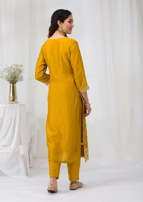 Mustard Soft Raw Silk Threadwork Straight Kurta With Pant Regular And Dupatta