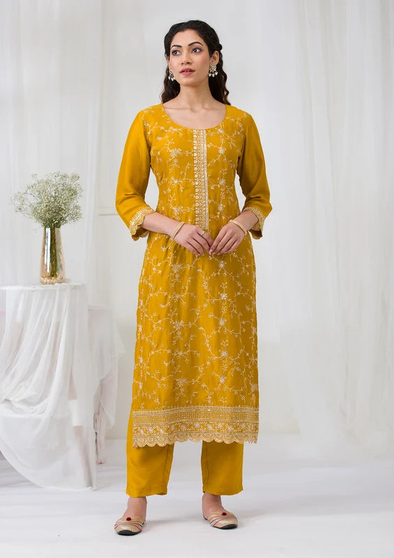 Mustard Soft Raw Silk Threadwork Straight Kurta With Pant Regular And Dupatta